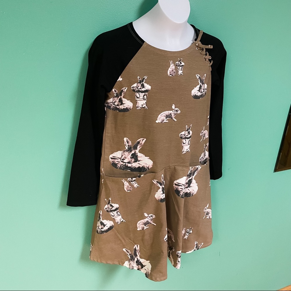 Art & Eden Black & Khaki Green Long Sleeve Bunny Graphic Skater Dress Girls 8 - Picture 3 of 10